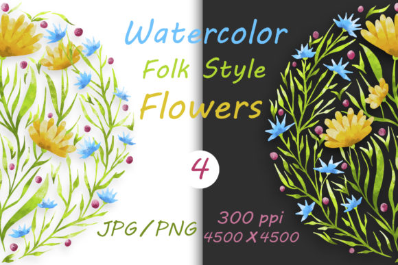 Flowers in Folk Style and Hand Drawn 04: Elevating Creative Projects with High-Resolution Botanical Art