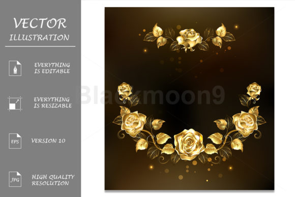 Symmetrical Garland of Gold Roses: Elevating Luxury Design on Black Backgrounds